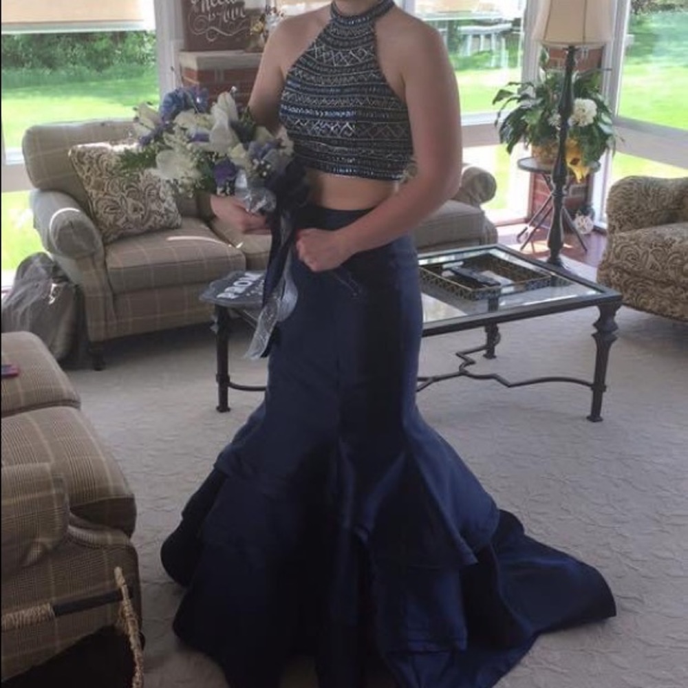 Blush Prom. Dark Navy Blue Two Piece Prom Gown With Intricate Beading.